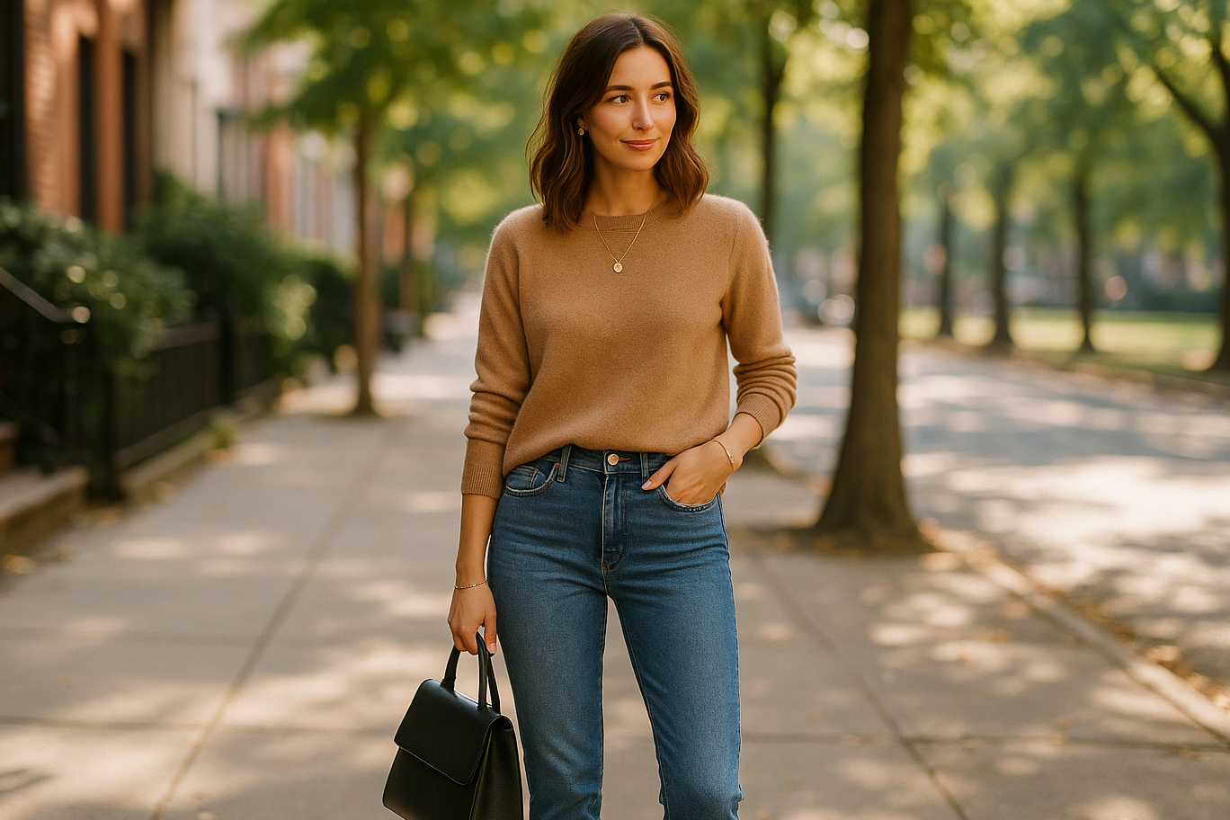 Woman in a brown sweater and blue jeans standing on a sidewalk with trees in the background